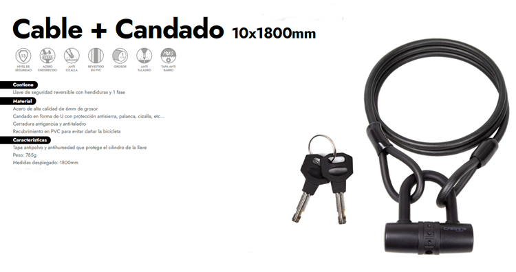 CANDADO BICICLETA ELTIN + CABLE 10X1800 mm